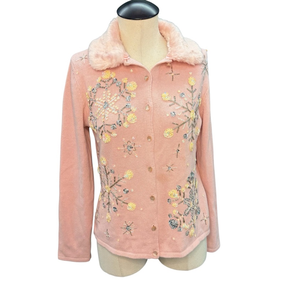 HEIRLOOM COLLECTIBLES‎ Pink Embellished Snowflake Cardigan Faux Fur Size S